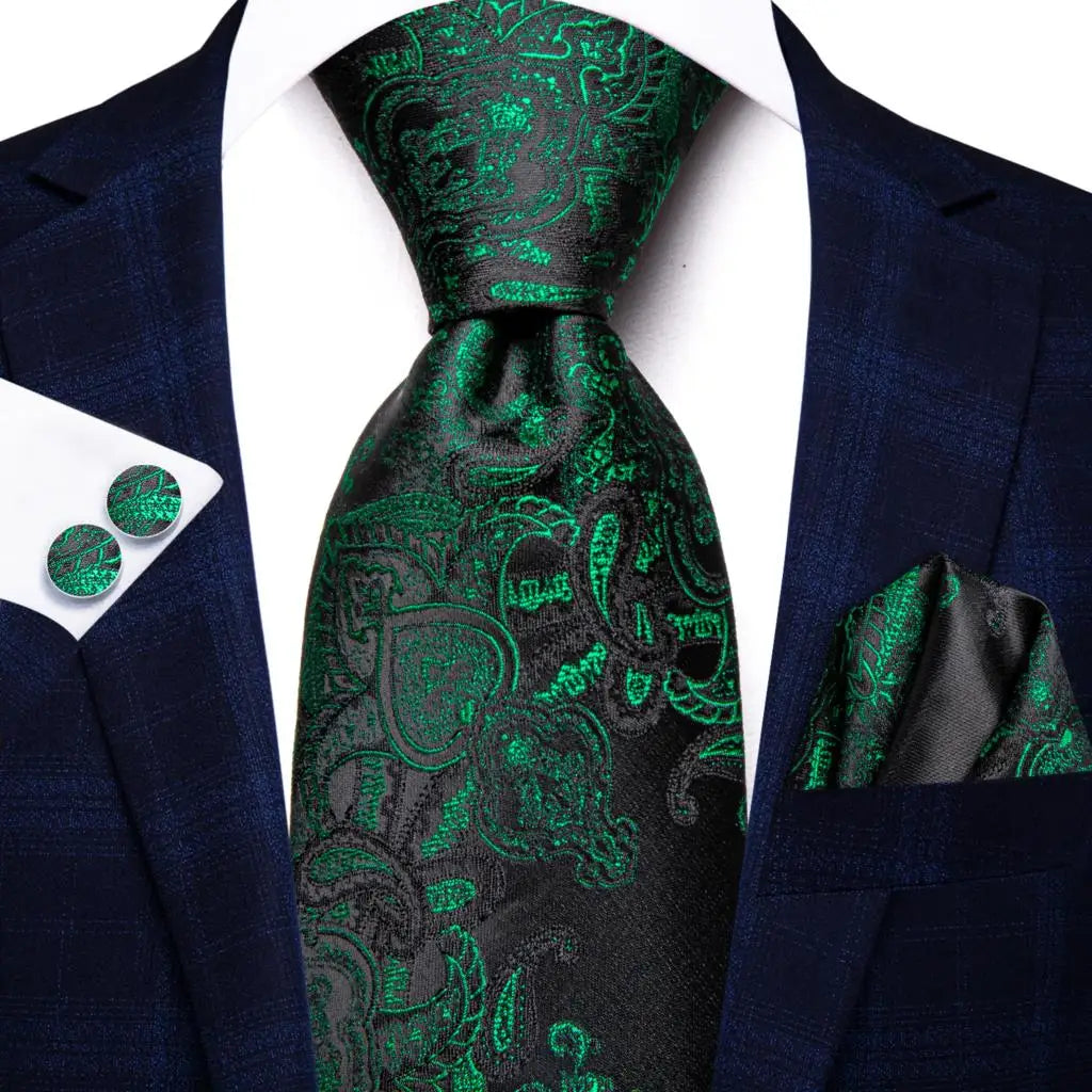 Green paisley silk tie set for men including necktie, pocket square, and cufflinks from The Clothing Company Sydney.