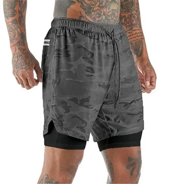 Men’s 2-in-1 running shorts from The Clothing Company Sydney with double-layer design, suitable for gym training and beach sports.