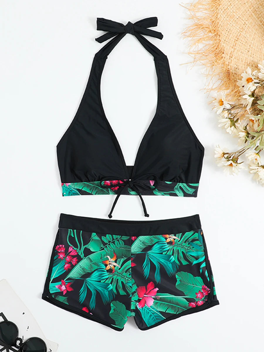 2 Piece Halter Bikini Set Shorts Swimsuit High Waist Swimwear Female Printed Bathers Swimming Bathing Swim Suit Beachwear - The Clothing Company Sydney