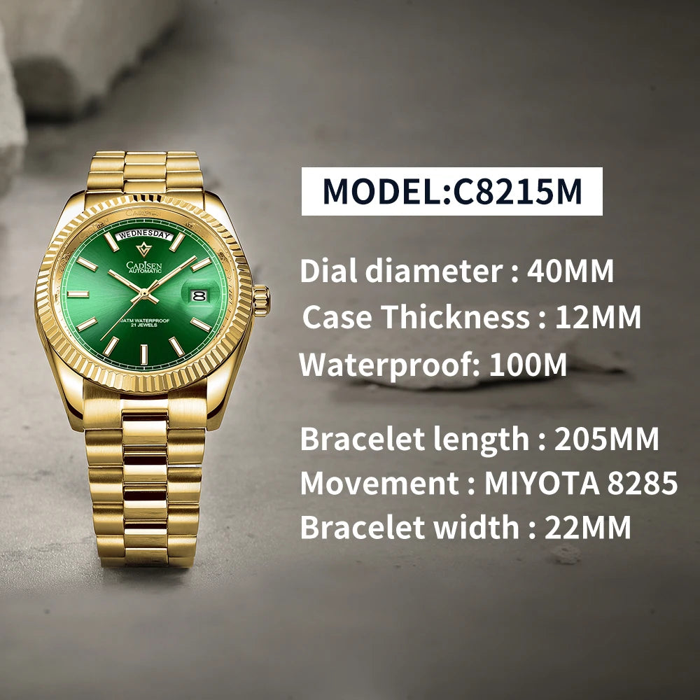 Cadisen DD40 men's luxury automatic wristwatch with sapphire glass, Miyota 8285 movement, and 10Bar water resistance.