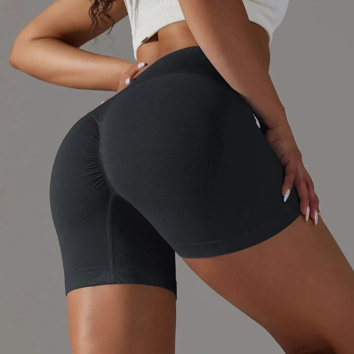 Women’s high waist workout yoga leggings by The Clothing Company Sydney, seamless sports bike shorts with scrunch butt design.