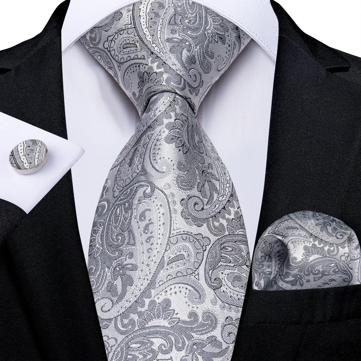 Men's gray paisley silk tie set with wedding tie, pocket square, and cufflinks, stylish accessories for formal occasions.