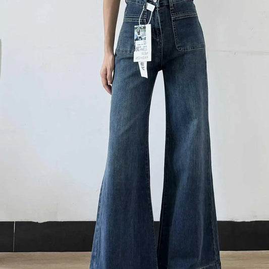 Women's Autumn Retro Micro-flared Solid Color High-waisted Straight Wide Leg Pants Loose Floor-length Jeans The Clothing Company Sydney