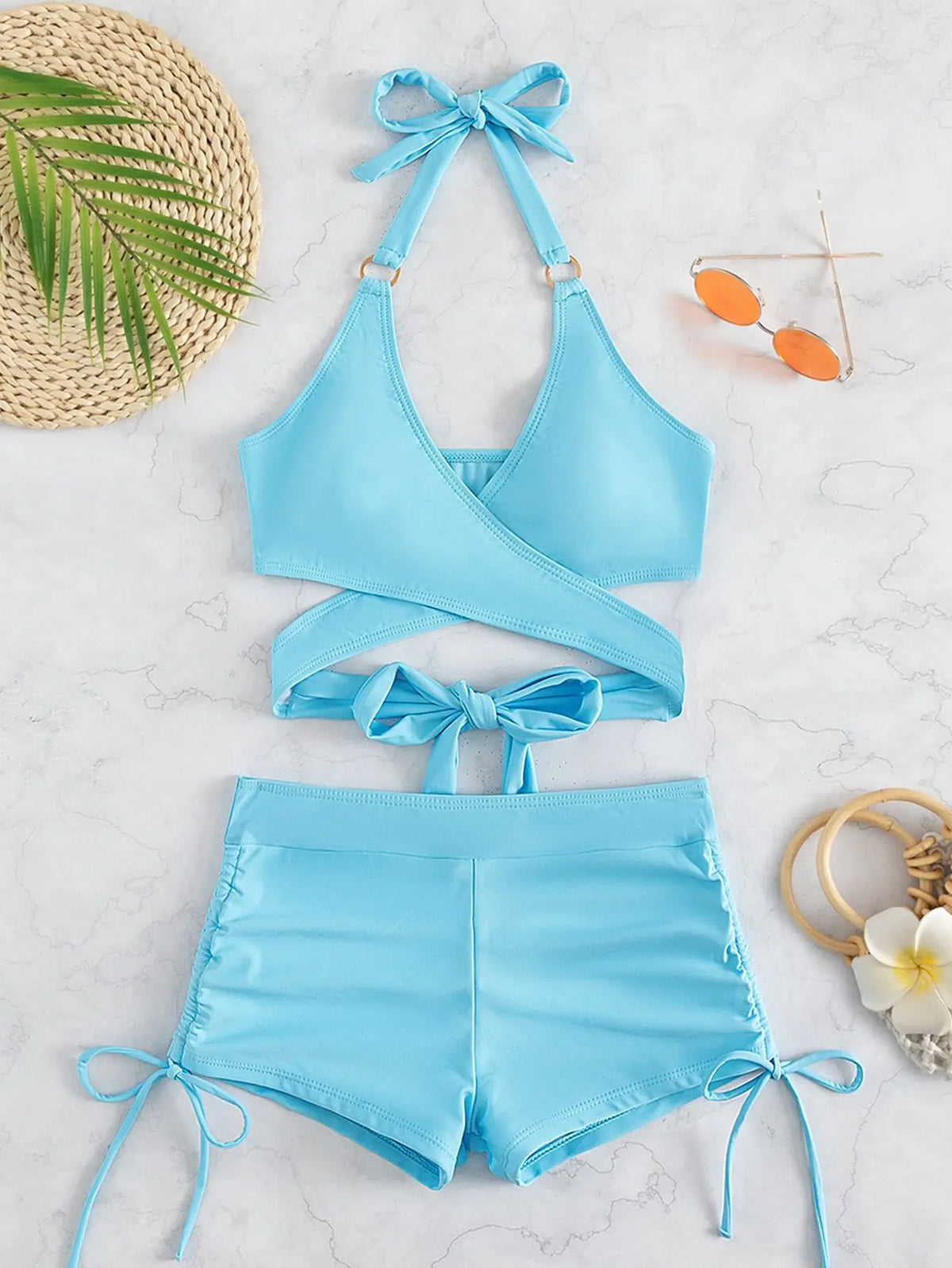 High waist two-piece bikini swimsuit with hollow design and cross gathered details, perfect for summer beachwear.