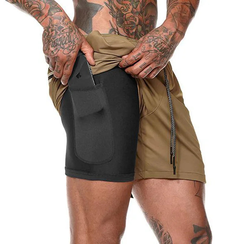 Men’s 2-in-1 running shorts from The Clothing Company Sydney featuring double-layer design for gym training and beach sports.