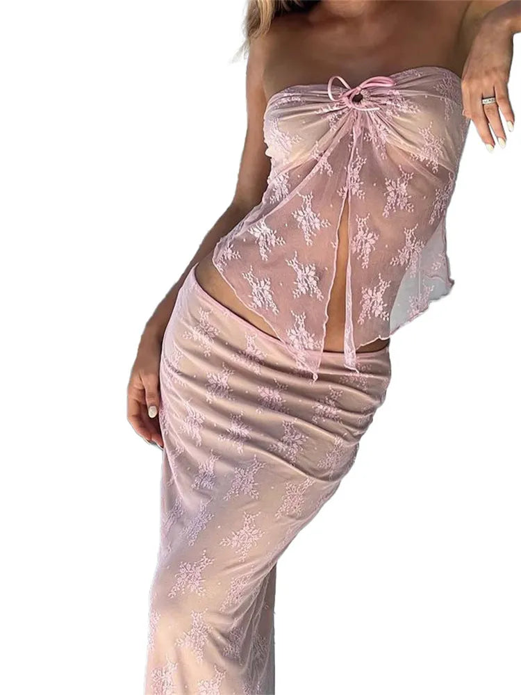 2 Piece Set Women Lace Bustiers Strapless Off Shoulder Tube Tops Party Club Mesh See Through Tank Low Waist Long Skirts The Clothing Company Sydney