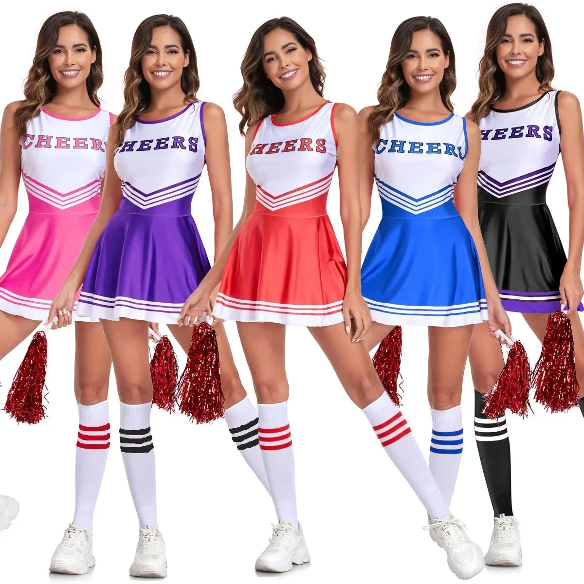 Cheerleader costume for women featuring a sports uniform set with a pleated skirt and top, ideal for Halloween or cosplay events.