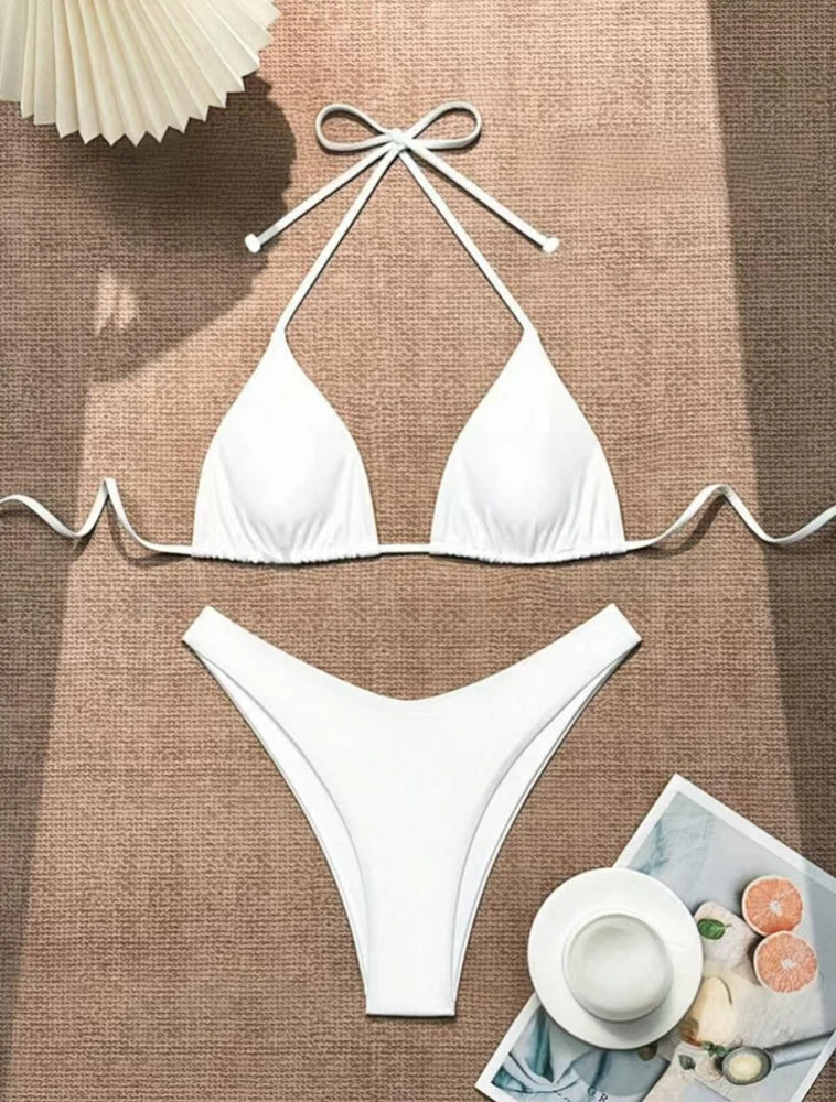 2 Piece Thong Bikini Solid White/Black/Coffee Halter Swimsuit Lace Up Brazilian Bathing Suit Double Fabric Beachwear The Clothing Company Sydney