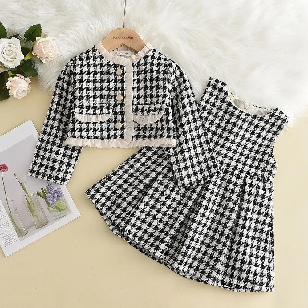 Kids girls' plaid vest dress and coat set by The Clothing Company Sydney, stylish spring and autumn outfit for parties
