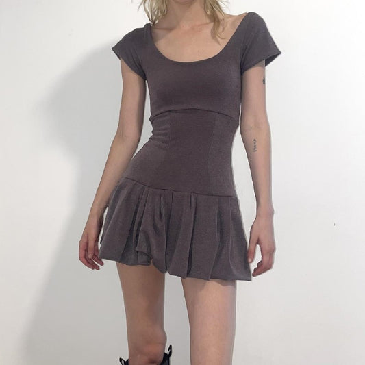Brown Vintage Y2K Folds Slim Summer Mini Dress for Women Round Neck Dress The Clothing Company Sydney