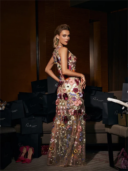 Flower Lace Embroidery Prom Dresses Crew-neck Evening Dress Elegant Sleeveless A-line Two Layers Party Dress The Clothing Company Sydney