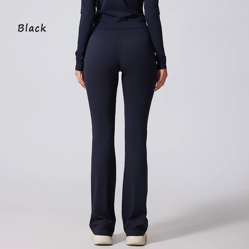 Women's high-waisted flared yoga pants from The Clothing Company Sydney, featuring wide-leg fit and micro flare for fitness and casual wear.