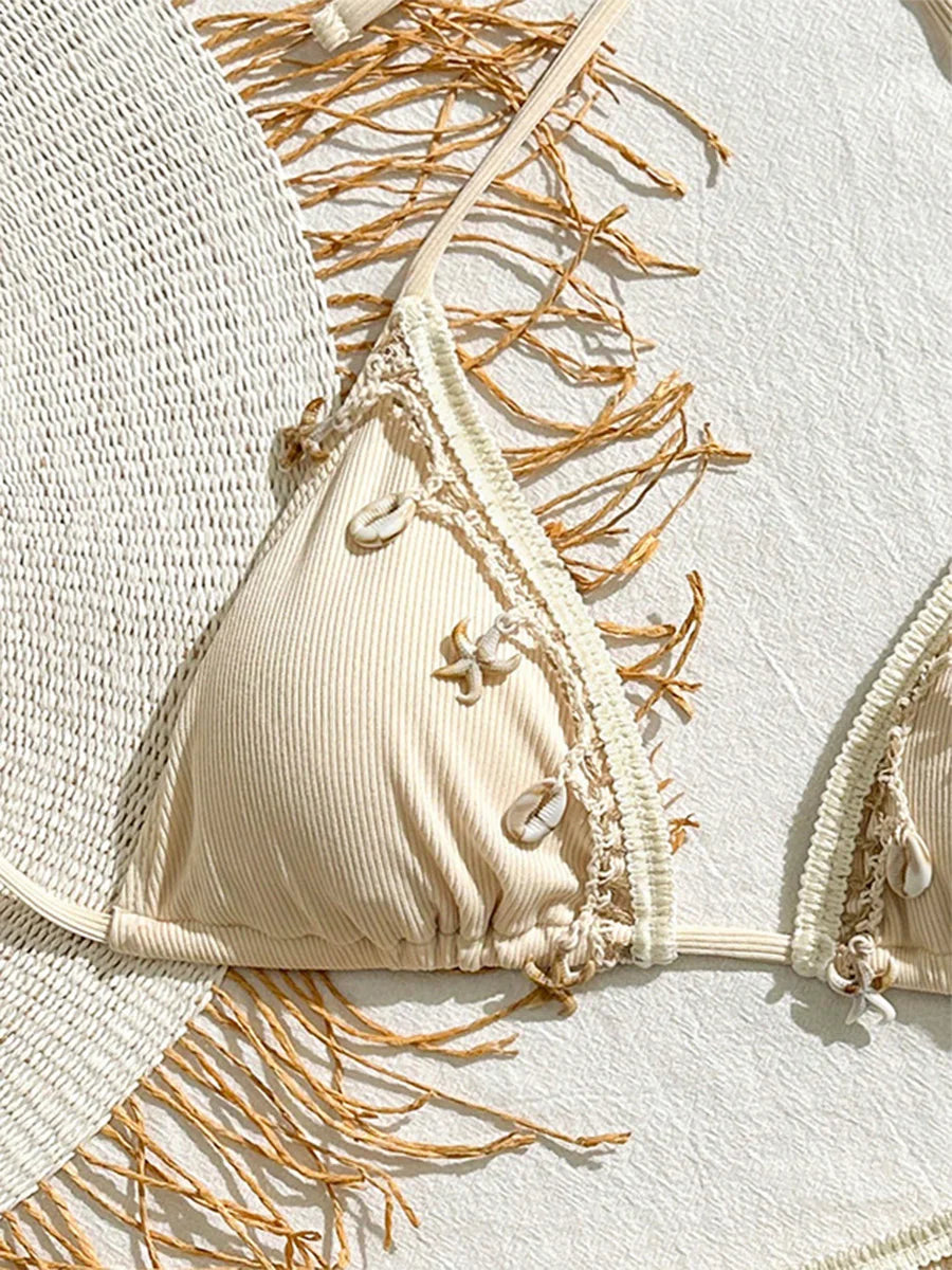 Ribbed shell-pattern bikini set for women featuring halter straps and strappy design, stylish swimwear by The Clothing Company Sydney.