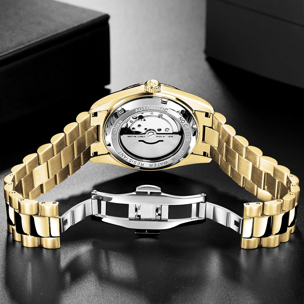 Cadisen DD40 men's luxury automatic wristwatch with AR sapphire glass, Miyota 8285 movement, black dial, and stainless steel band