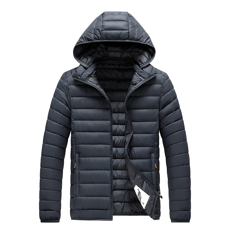 Men's hooded casual puffer down jacket by The Clothing Company Sydney, shown in a stylish, insulated design with a front zipper.