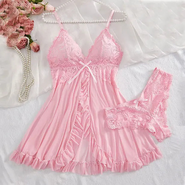 Women's plus-size lace lingerie nightgown and thong set with suspender details and bra top