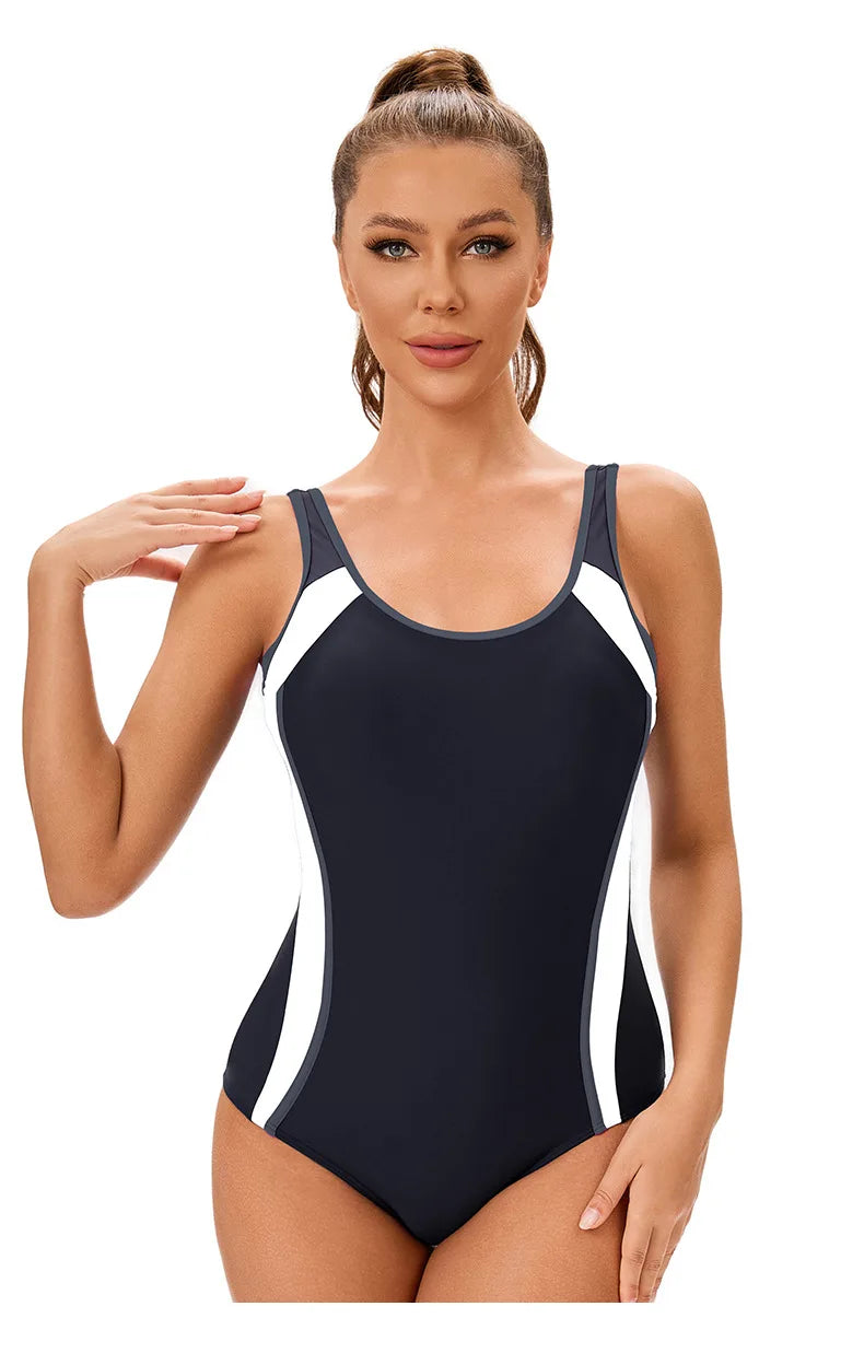 Trendy women's athletic one-piece swimsuit by The Clothing Company Sydney with racerback design, full coverage, and modest style.