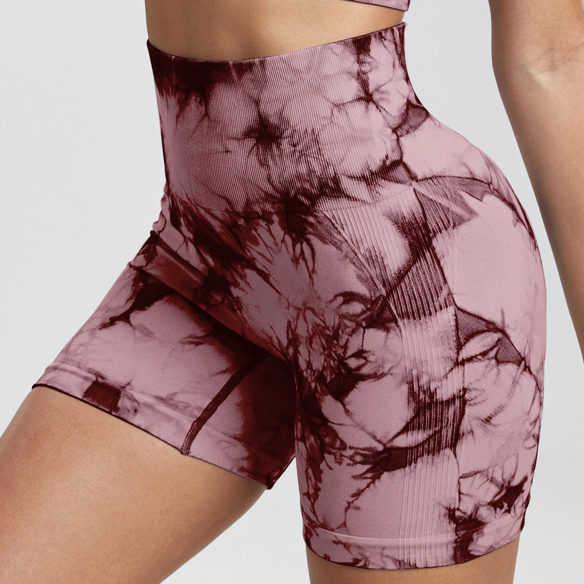 Women's tie dye gym shorts by The Clothing Company Sydney, high waist, seamless fitness bike shorts for summer outdoor workouts.