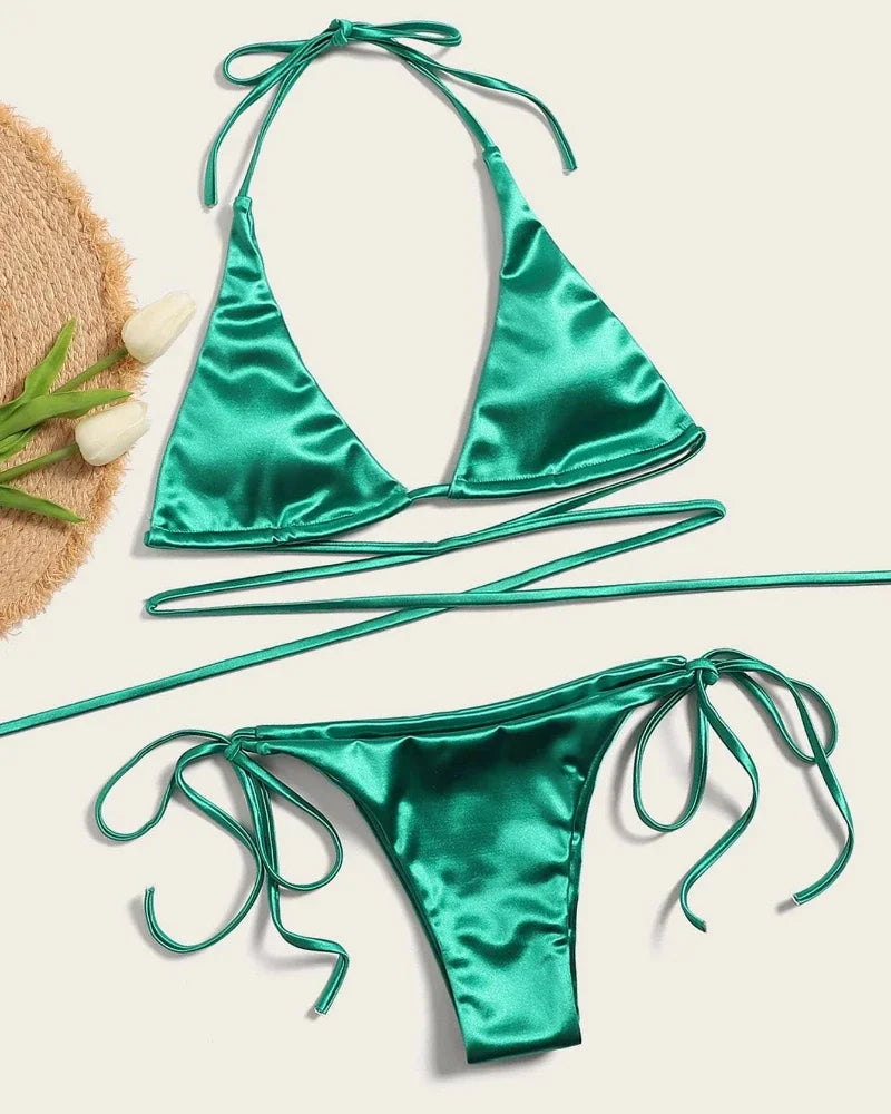 Two-piece Brazilian metallic satin halter bikini swimsuit by The Clothing Company Sydney, featuring a high-cut design and beachwear style.