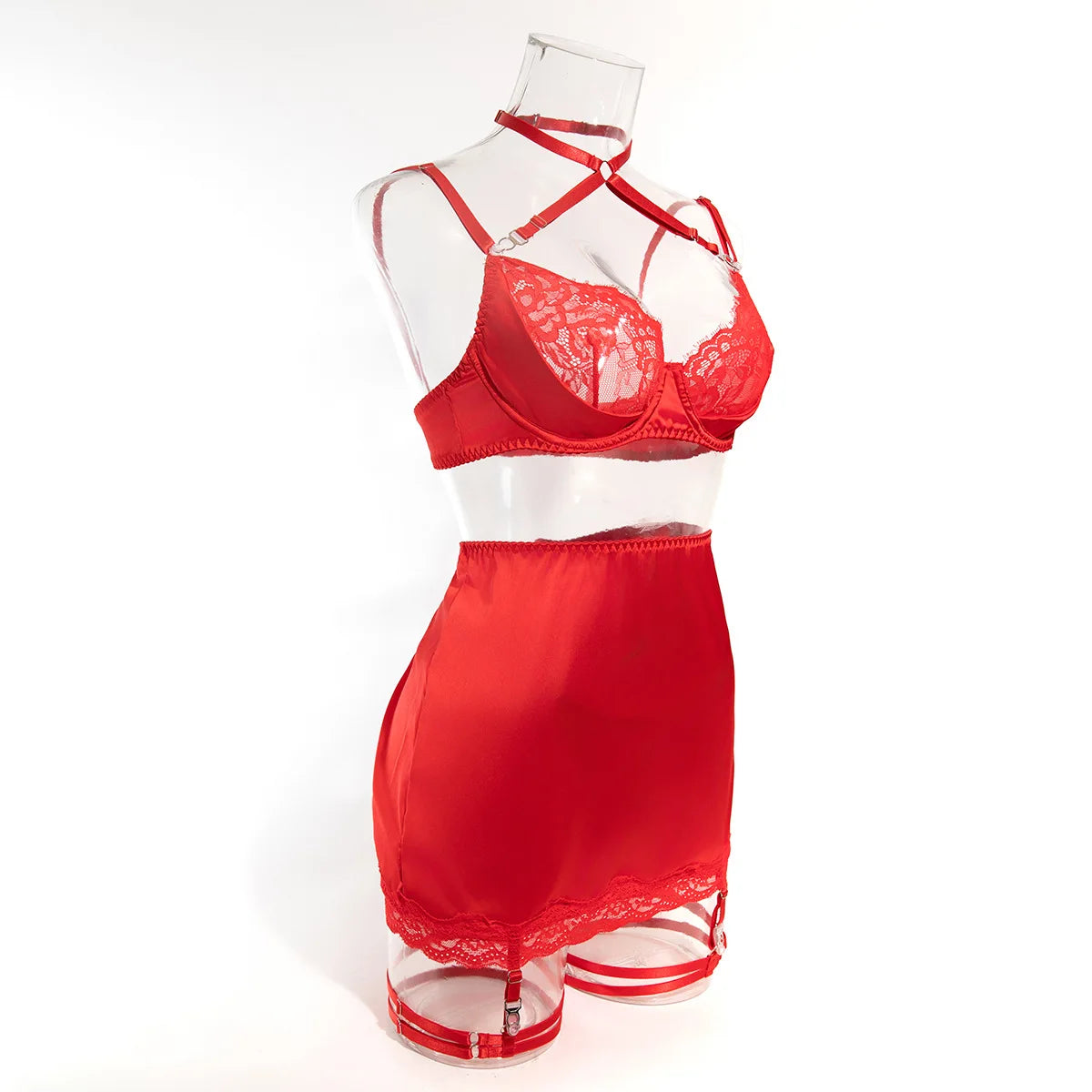 Elegant lace lingerie set with halter bra, heart g-string, and garter belt, featuring intricate details from The Clothing Company Sydney.