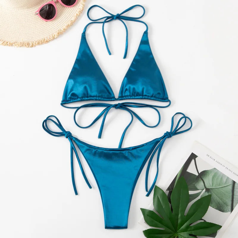 Two-piece halter Brazilian metallic satin bikini set from The Clothing Company Sydney, featuring high-cut design and beachwear style.