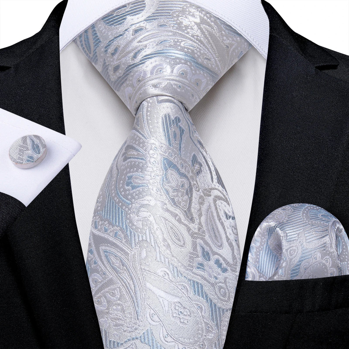 Men's gray paisley silk tie set with wedding tie, pocket square, and cufflinks, featuring elegant and stylish accessories.