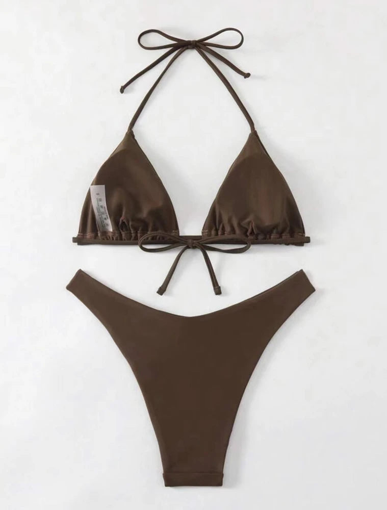 2 Piece Thong Bikini Solid White/Black/Coffee Halter Swimsuit Lace Up Brazilian Bathing Suit Double Fabric Beachwear The Clothing Company Sydney