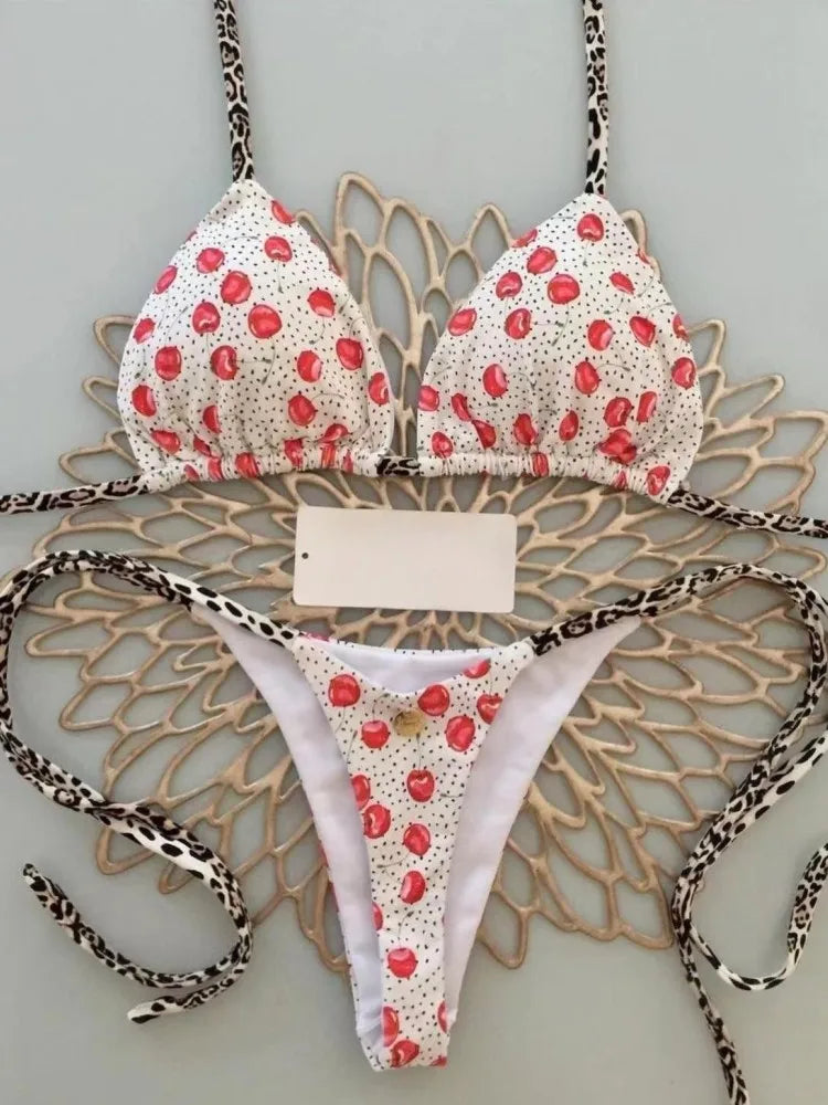 Swimwear Cherry Print Thong Bikini Set Thong Swimsuit Two Piece Bathing Suit Beach Wear The Clothing Company Sydney