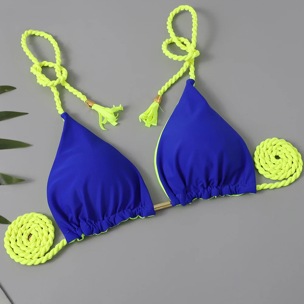 Two-piece triangle string bikini swimsuit by The Clothing Company Sydney, solid thong swimwear for summer beachwear.