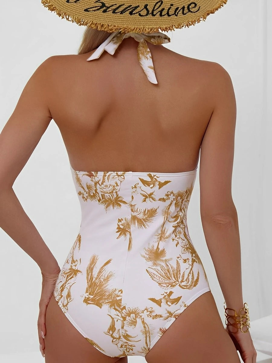 Ruched halter one-piece swimsuit by The Clothing Company Sydney, featuring a stylish design and beach-ready swimwear for water activities.