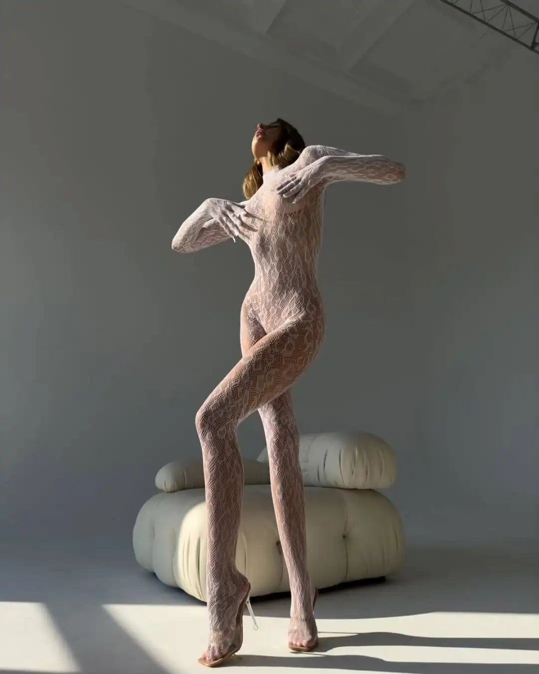 Backless sheer long sleeve jumpsuit from The Clothing Company Sydney, featuring a one-piece cosplay lingerie outfit for adults.