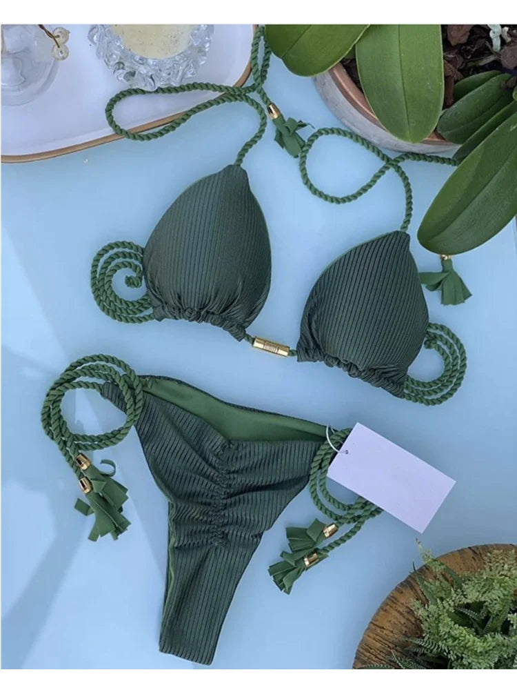 Backless women's bikini swimsuit with rope triangle top, featuring stylish swimwear design by The Clothing Company Sydney.