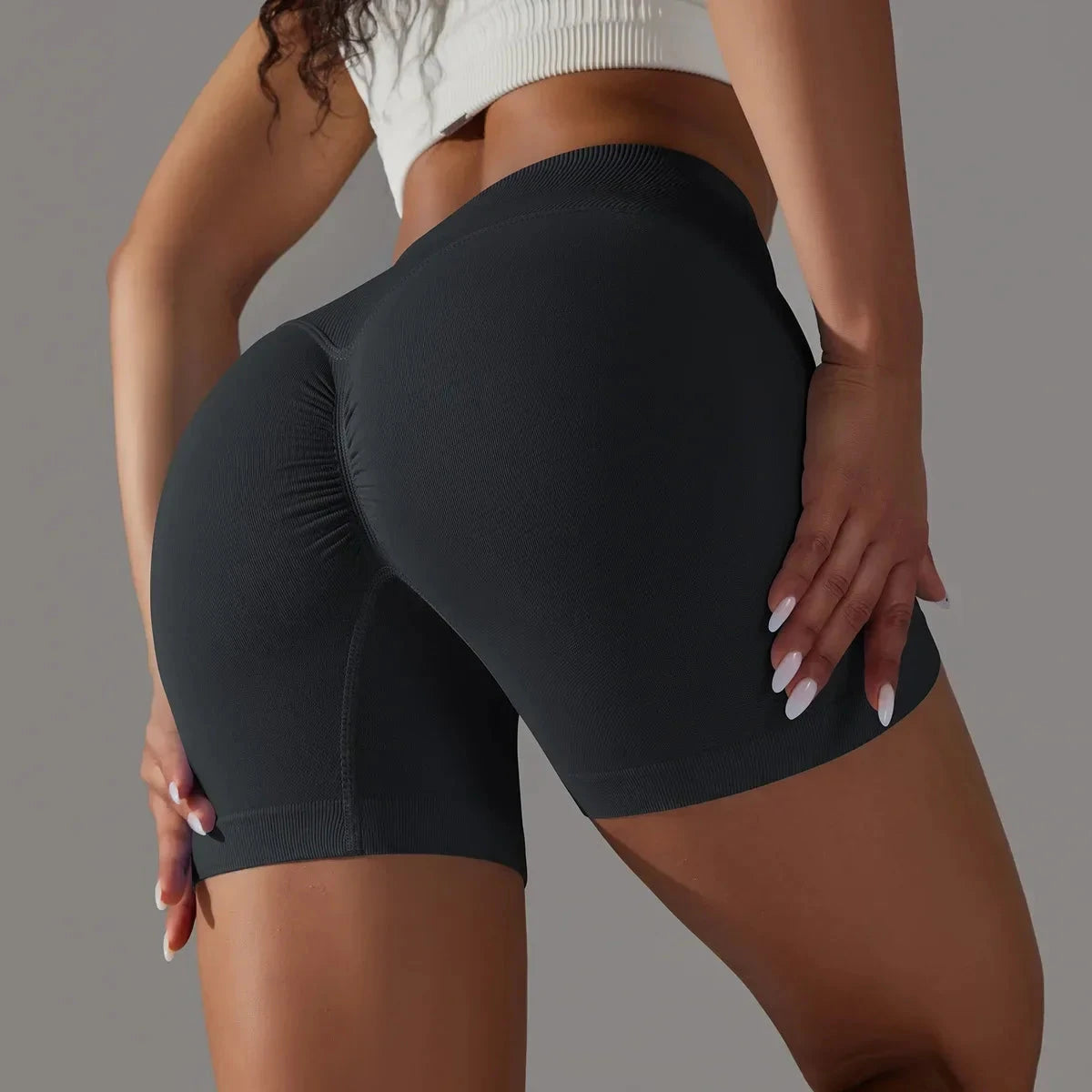 Women’s high waist fitness yoga leggings by The Clothing Company Sydney, seamless sports bike shorts with scrunch butt design.