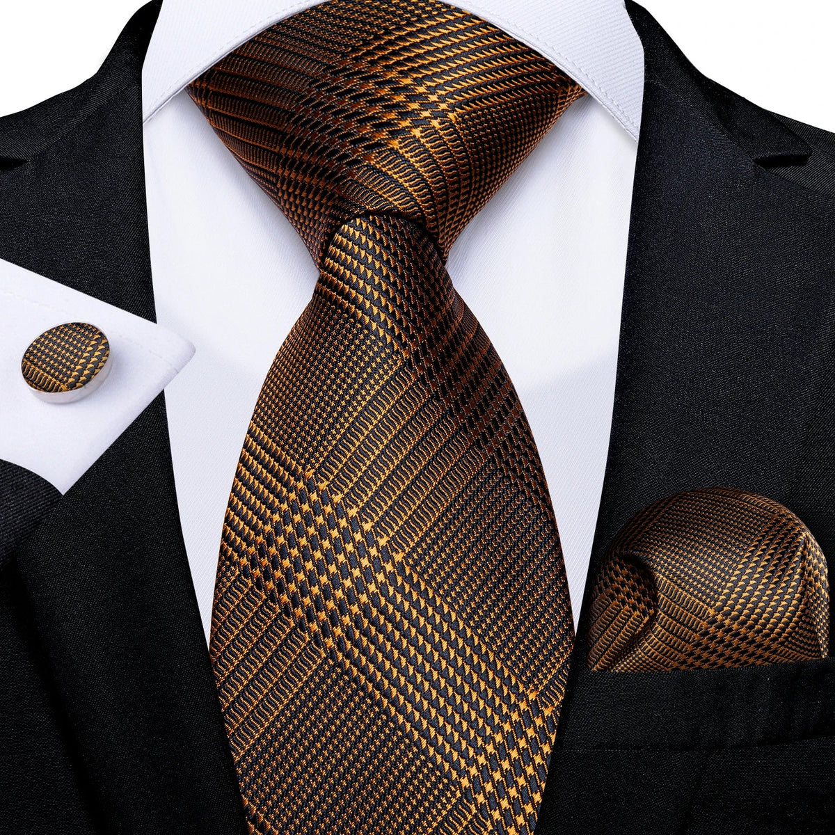 Luxury black and gold paisley silk tie set with matching pocket square and cufflinks, men's accessories by The Clothing Company Sydney