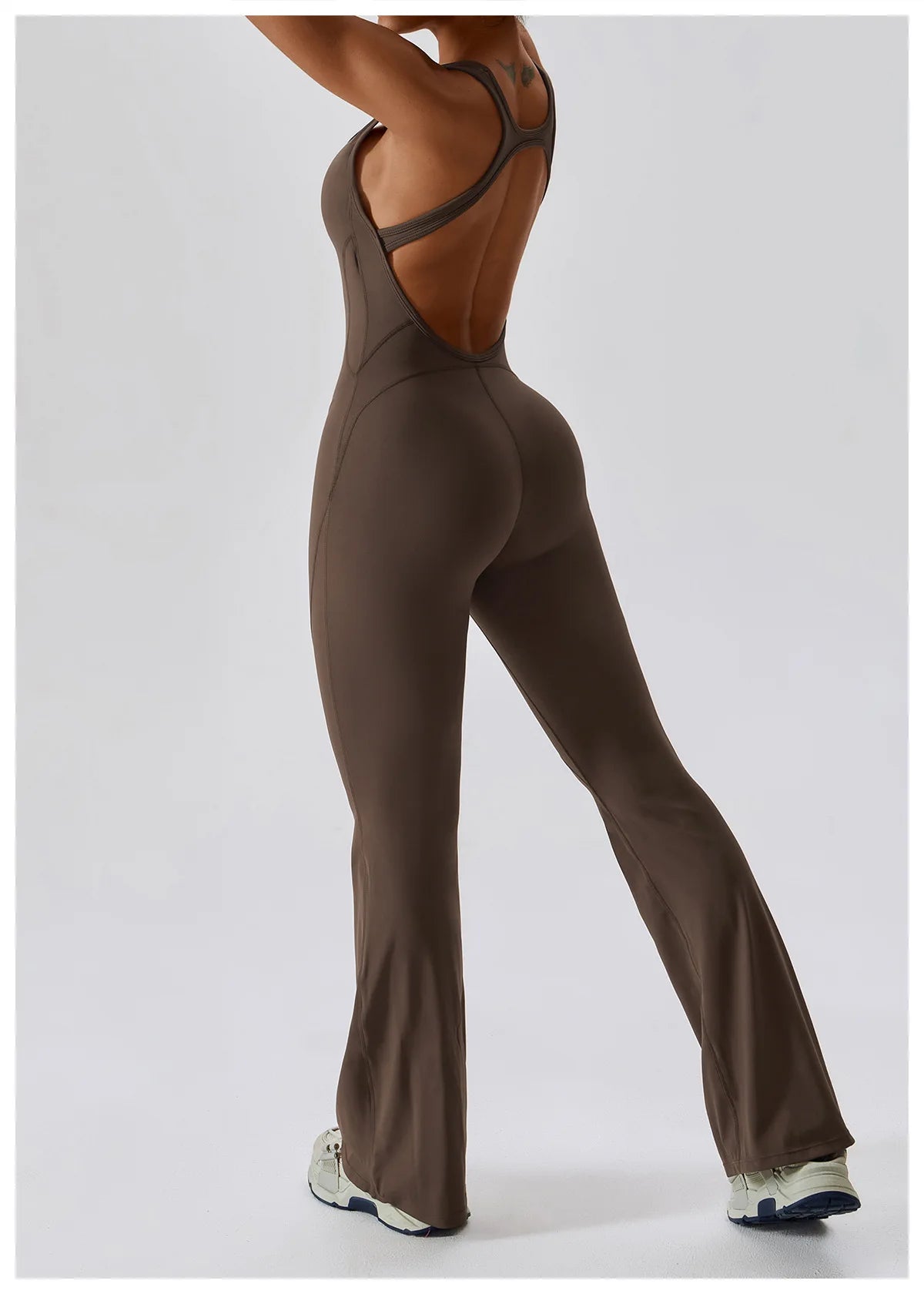 Open back V jumpsuit gym set by The Clothing Company Sydney, women's fitness sportswear, stretch workout bodysuit for yoga and training