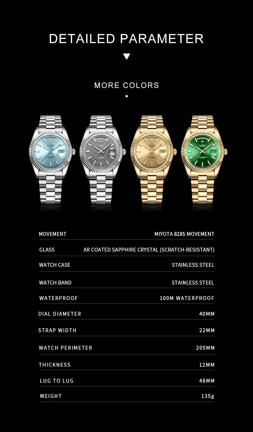 Luxury Cadisen DD40 men's automatic wristwatch with sapphire glass, stainless steel strap, and Miyota 8285 movement.