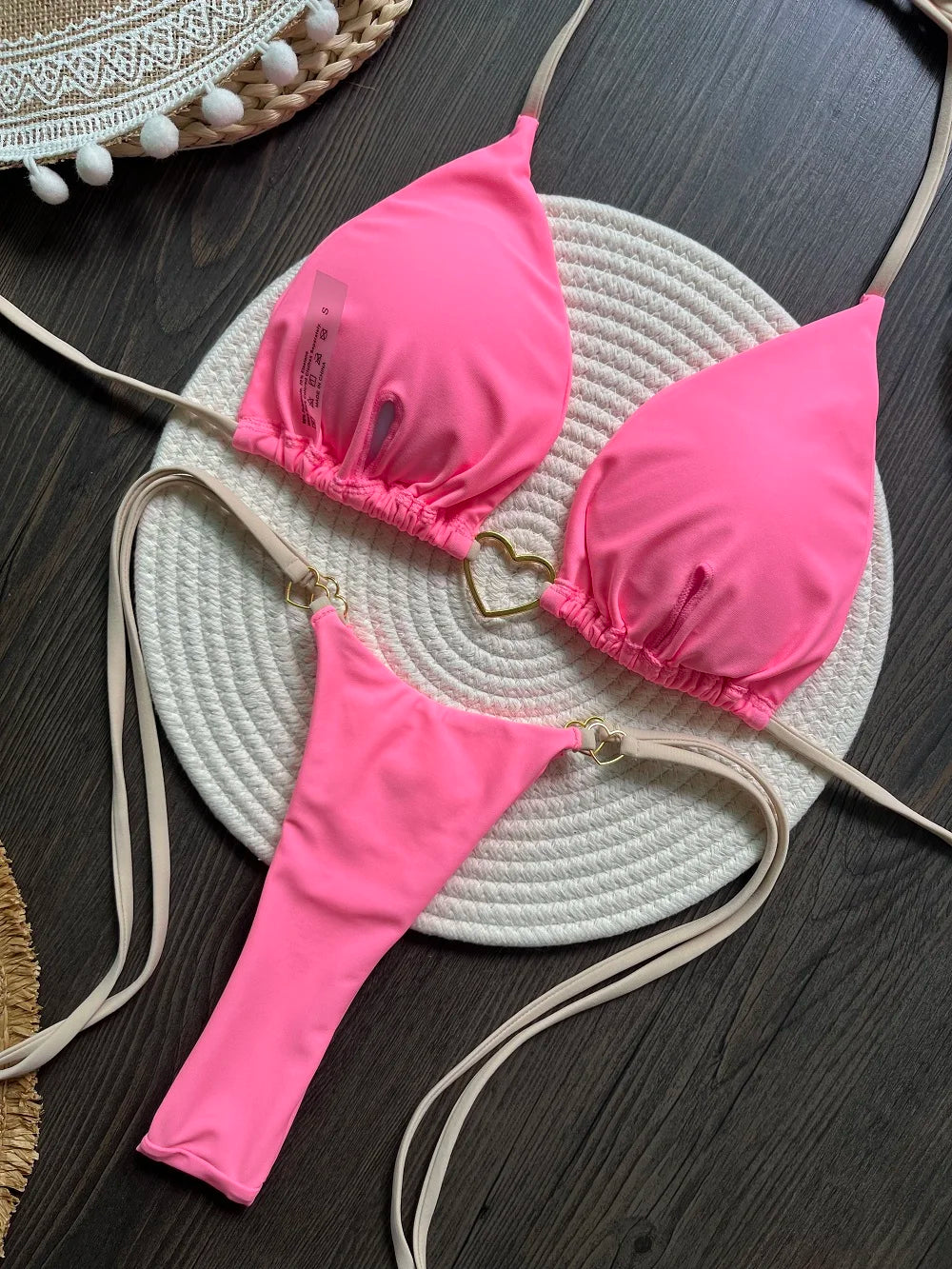 Solid color halter bikini set for women, two-piece swimsuit with triangle top and thong bottoms, from The Clothing Company Sydney.