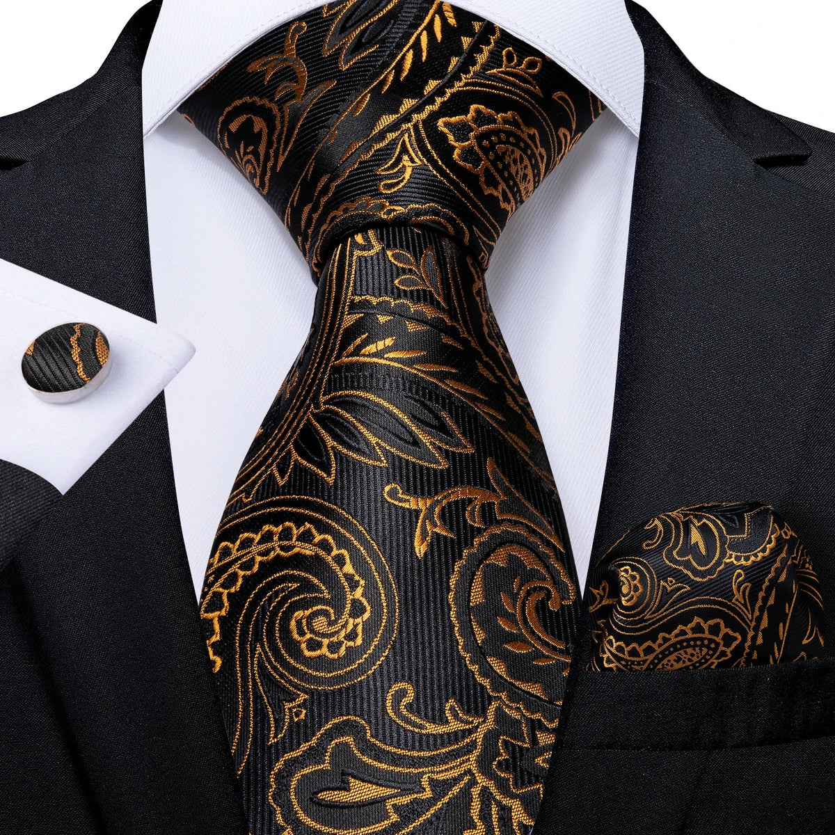 Luxury black and gold paisley silk tie set with matching pocket square and cufflinks, stylish men's accessories by The Clothing Company Sydney