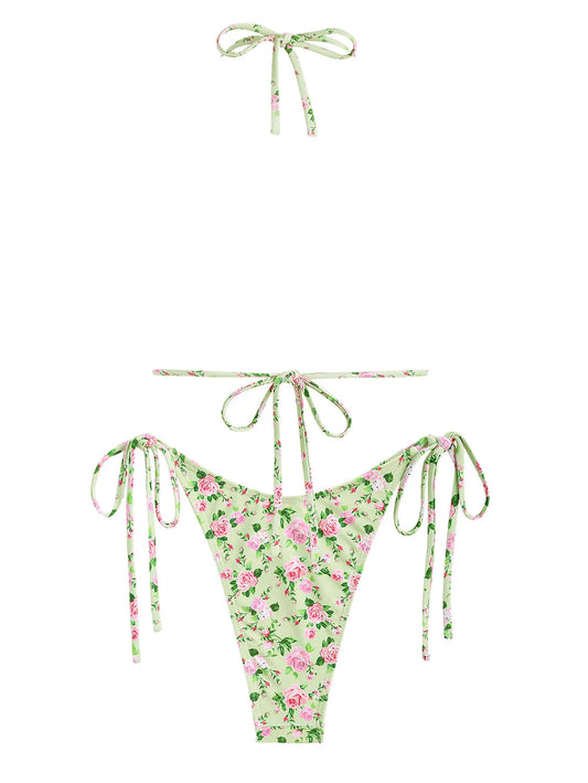 Women's Bow Decor Tiny Floral Halter Tie Side String Triangle Two Piece Swimwear Bikini Set The Clothing Company Sydney