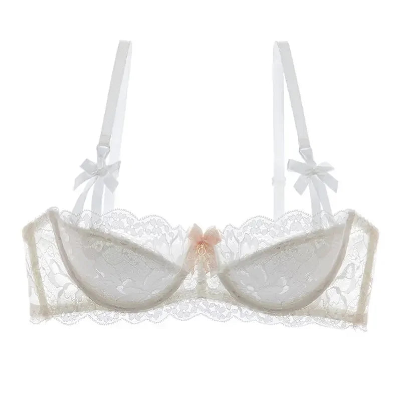 Two-piece pull-up lace bra set with bows from The Clothing Company Sydney, featuring breathable fabric and anti-slip cups.