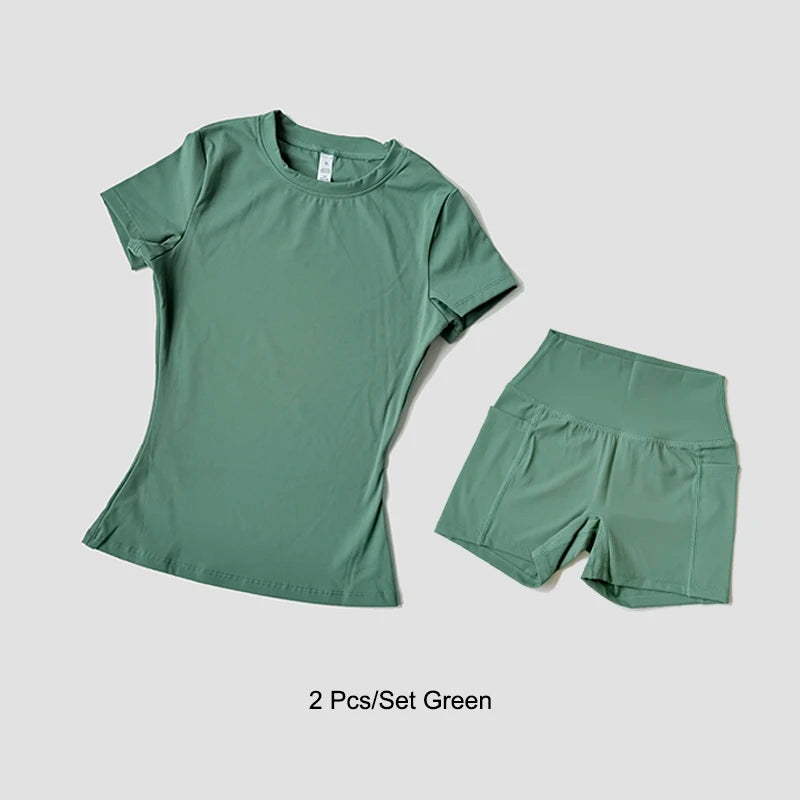 2 Piece Women's Sports Yoga Set Seamless Knitted Fitness Gym Clothes Sportswear Short Sleeve Crop Top Tracksuits Gym Bike Shorts - The Clothing Company Sydney