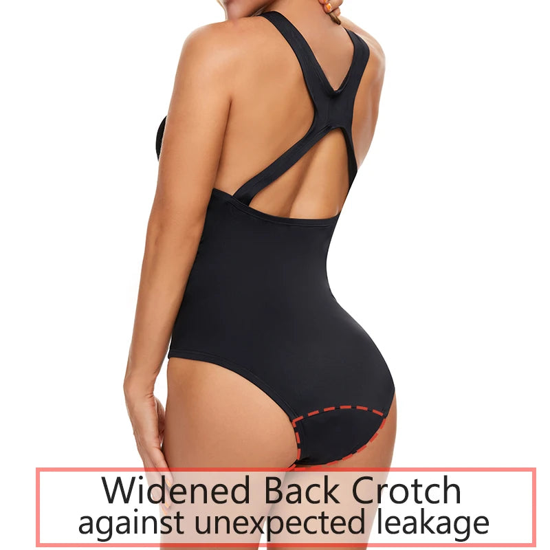 Women’s menstrual swimsuit one-piece by The Clothing Company Sydney, leak-proof period swimwear with absorbent, discreet design for beachwear.