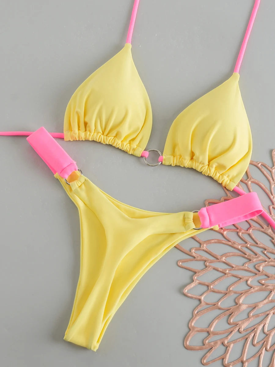 Two-piece lace-up print Brazilian swimsuit with backless design, thong cut, suitable for beachwear, by The Clothing Company Sydney.