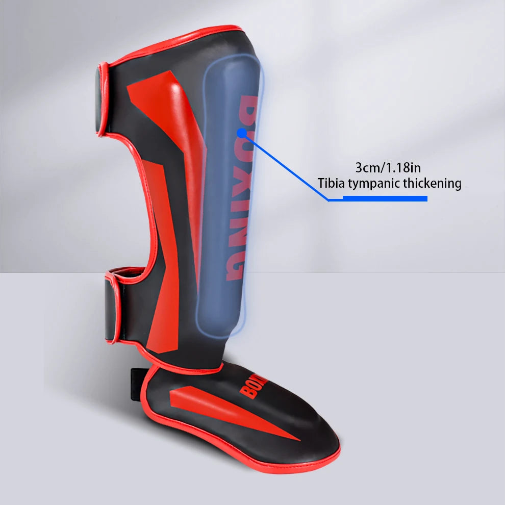 Muay Thai shin guards with foot and back protection for boxing, fighting, and taekwondo training
