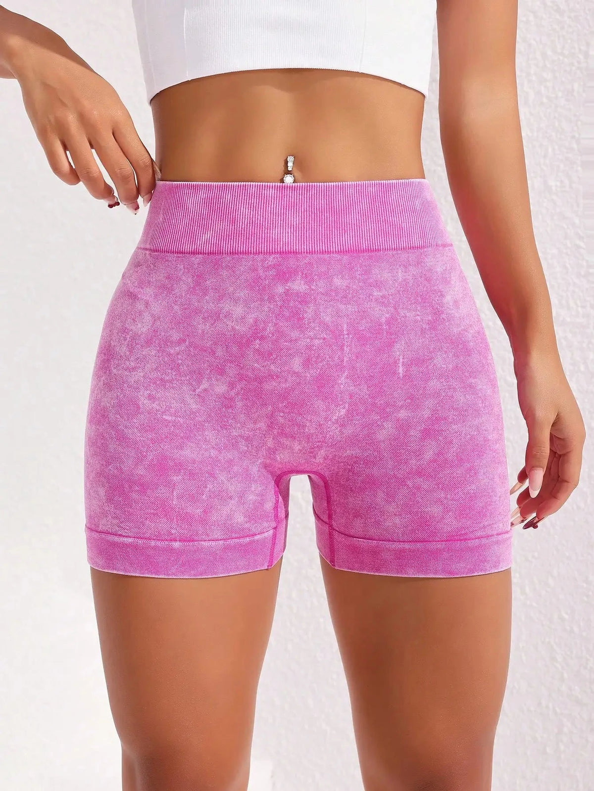 Women's washed yoga shorts by The Clothing Company Sydney, high waist fitness biker shorts with quick-dry fabric and hip lift design.