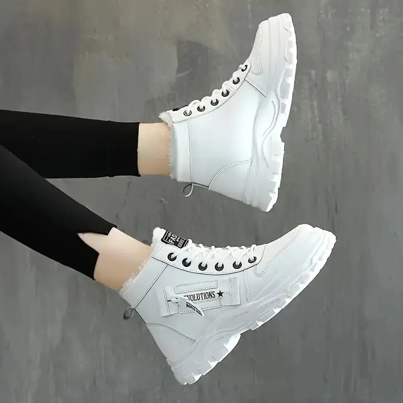 Women’s winter high-top snow boots by The Clothing Company Sydney, warm lace-up wedge sneakers with flannel lining.
