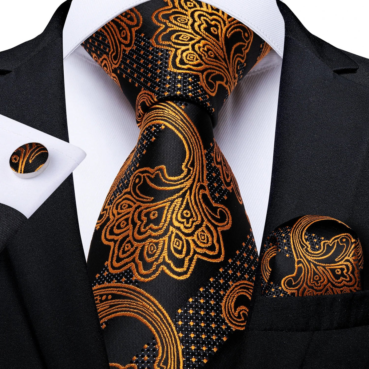 Luxury black and gold paisley silk tie set with a men's necktie, pocket square, and cufflinks from The Clothing Company Sydney.