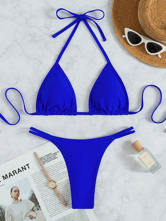 2 Piece Women Royal Blue Crystal Diamond Swimwear Swimsuit Triangle Bathing Suit Thong Beach Bikini Set The Clothing Company Sydney