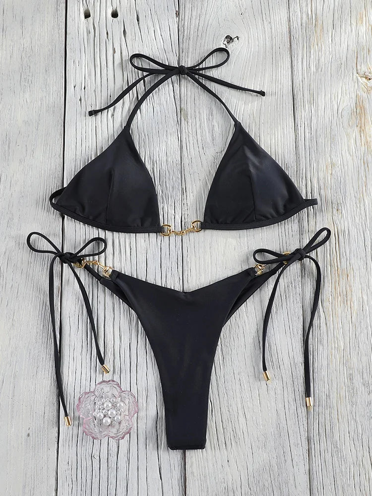 Two-piece push-up bikini set with hollow-out design, low waist style, from The Clothing Company Sydney, featuring string swimwear for beachwear.