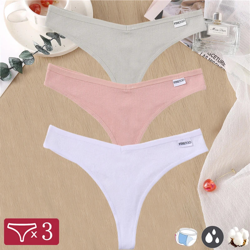 Three cotton thong panties in solid, striped designs with V-waist, breathable G-string style from The Clothing Company Sydney.